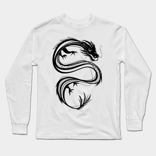 traditional chinese dragon in black Long Sleeve T-Shirt by acatalepsys 